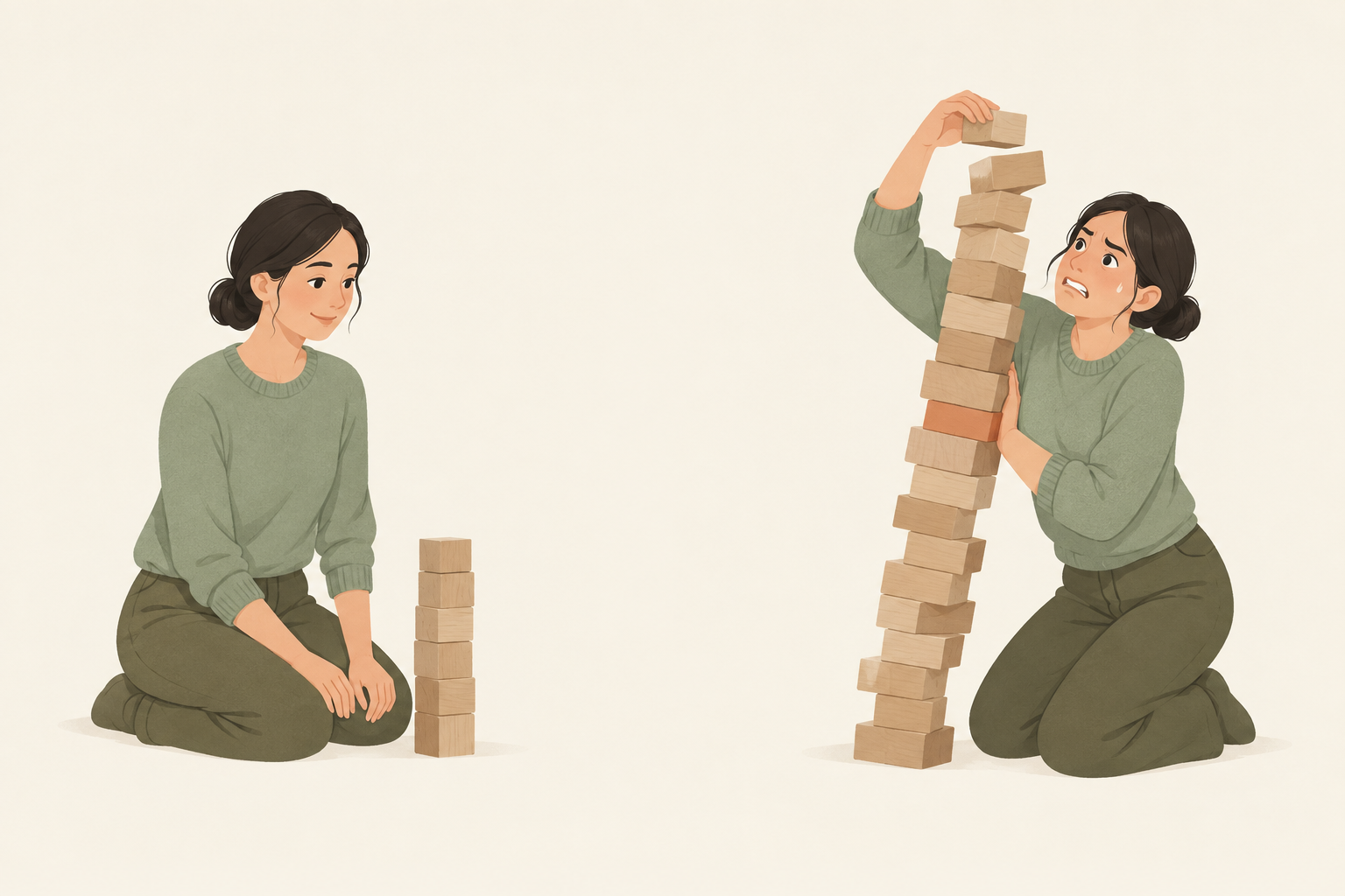 Illustration of a person calmly kneeling beside a small, freshly built tower of blocks on one side, and the same person straining months later, bracing a tall leaning tower with one arm while still adding new blocks on top with the other hand.