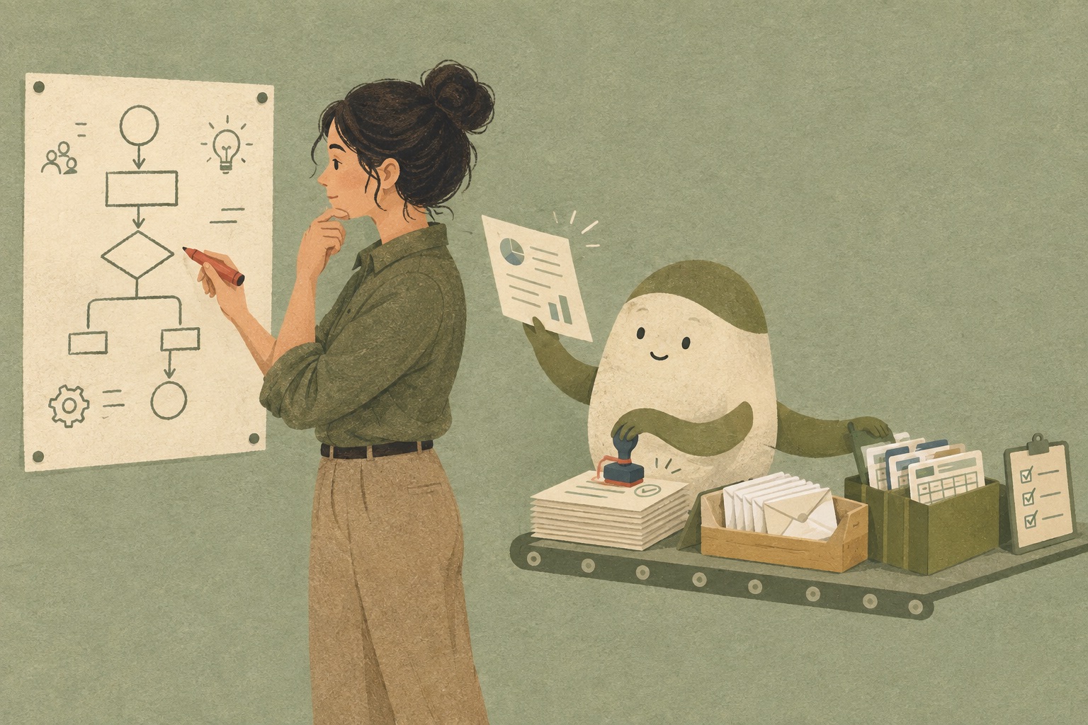 Illustration of an operations manager sketching a workflow map on the wall while a friendly AI helper behind her stamps forms, files folders and sends envelopes on a conveyor, handing her a finished report.