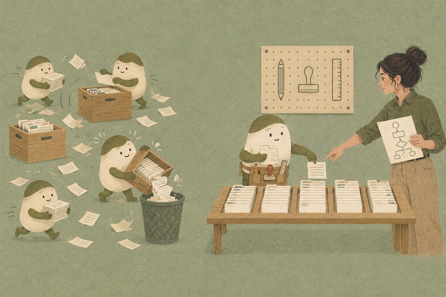 Illustration of four olive-shaped helpers rushing between disconnected filing boxes, one tipping a drawer of cards into a wastepaper bin, beside a single helper with a three-tool belt working at one tidy board while an operations manager holds the process map and directs it.