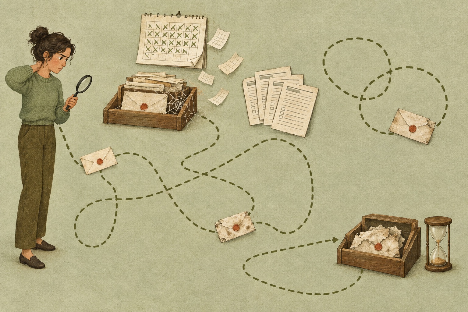 Illustration of a worried operations manager with a magnifying glass, following the tangled, looping trail of a single envelope: it sits in a cobwebbed inbox tray under a calendar of crossed-off days, passes a pile of duplicate forms, and arrives tattered in the final tray beside a nearly empty hourglass.